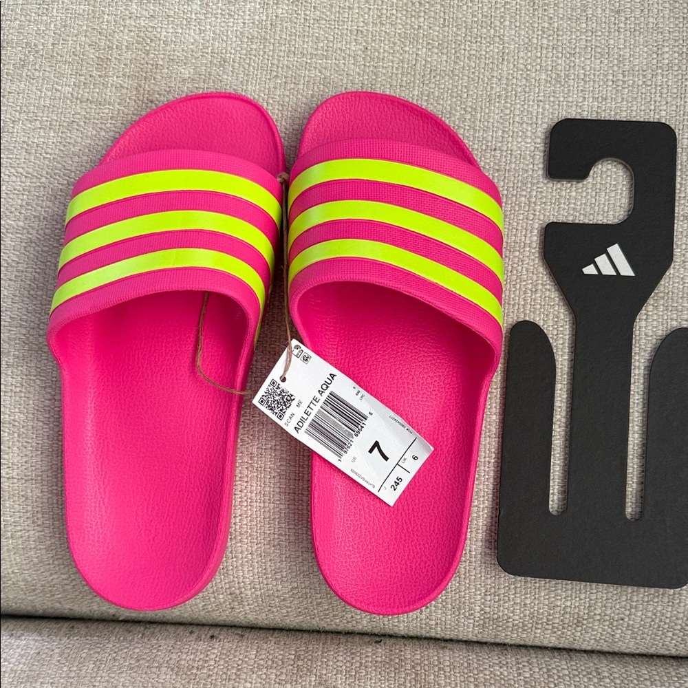 Adidas Neon Pink Slides with Lime Stripes